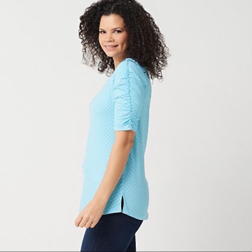 Isaac Mizrahi! Polka-Dot Ruched Knit Top NEW - Picture 1 of 6